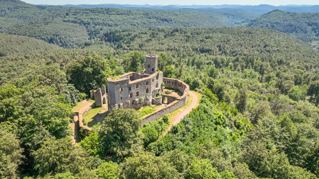 Luftaufnahme der Burgruine Gräfenstein in Merzalben, mitten im grün des Pfälzer Waldes gelegen.