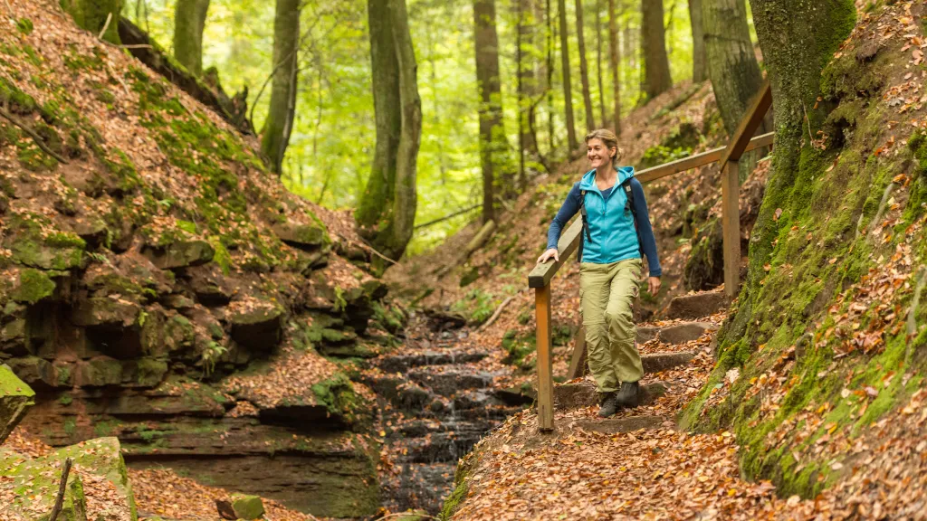 Eine Person wandert entlang eines Felsens auf dem Sagenhaften Waldpfad.