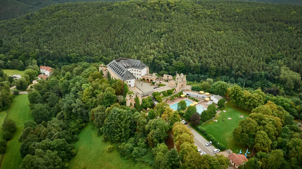 Die Jugendherberge Altleiningen, eine Burg inklusive Schwimmbad, liegt auf einem bewaldeten Hügel. 