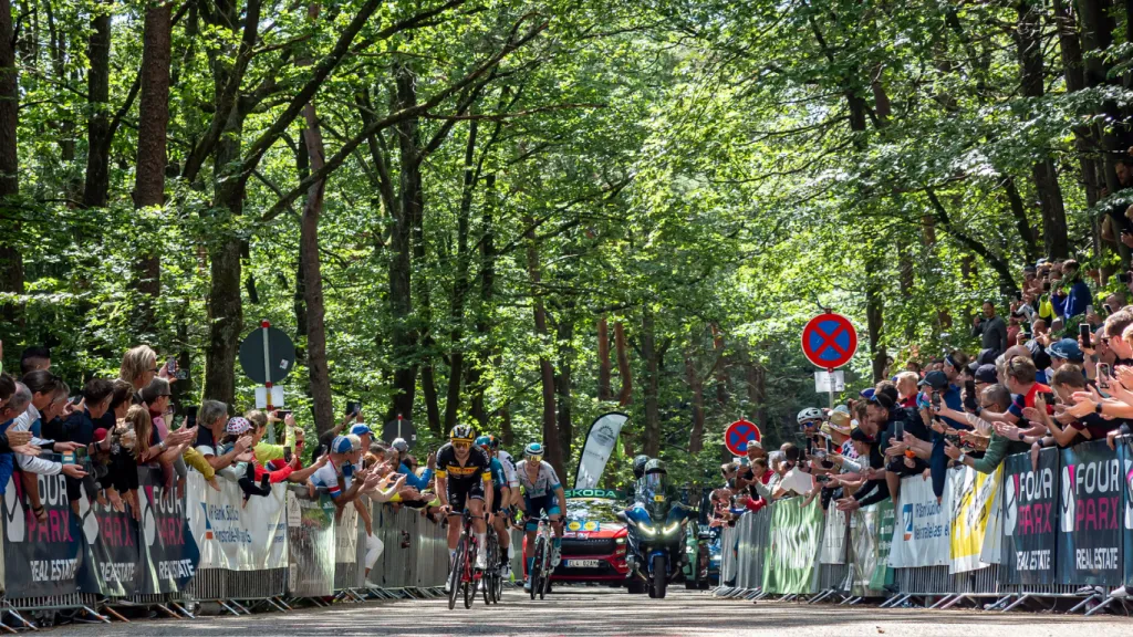 Rennradfahrende, die bei der Lidl Deutschlandtour 2024 von zahlreichen Zuschauerinnen und Zuschauern angejubelt werden.