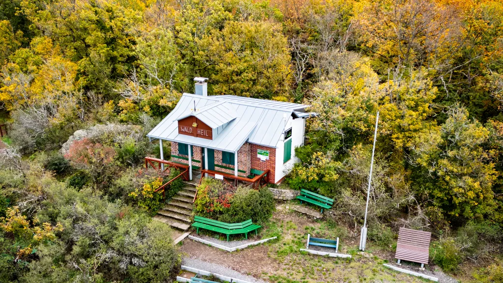 Eine Pfälzerwaldhütte im bunten Herbstwald