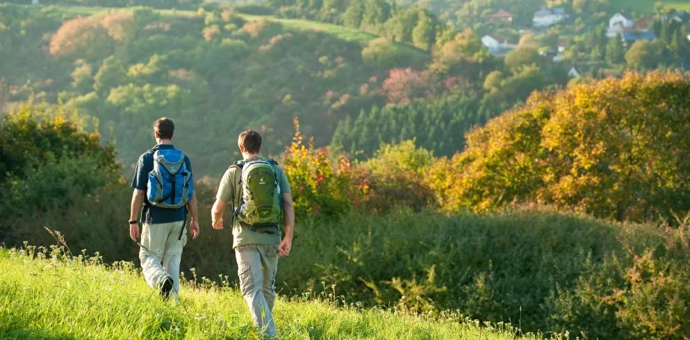 Zwei Wanderer ohne Gepäck auf dem Pfälzer Höhenweg