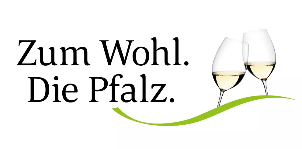 Das bekannte Logo Zum Wohl.Die Pfalz mit den Weingläsern