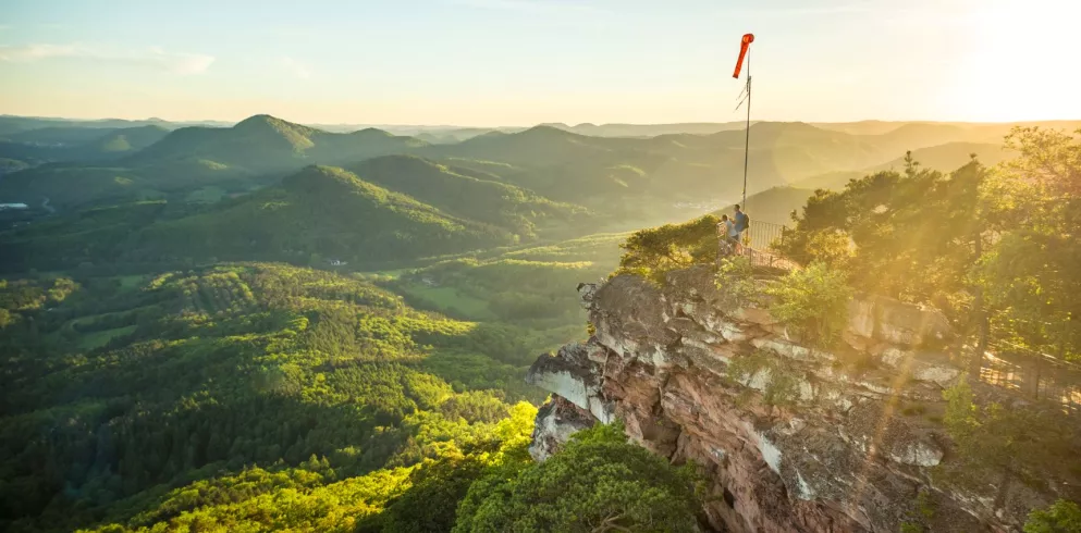 Wanderer auf Felsvorsprung mit Panoramablick über den Pfälzerwald