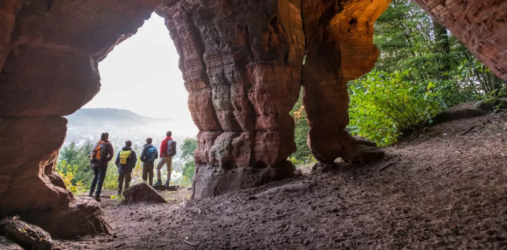 Familie am Bruderfelsen mit Blick auf Rodalben und den Pfälzerwald