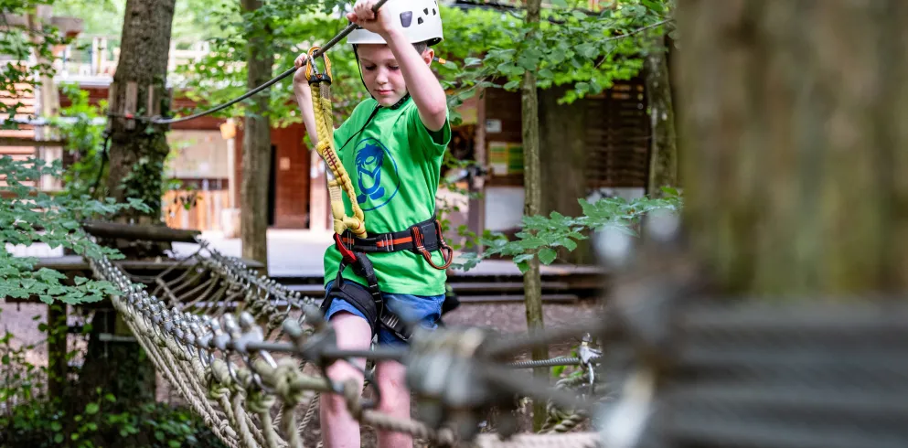 Ein Kind klettert entlang eines Parcours im Kletterpark in Kandel.