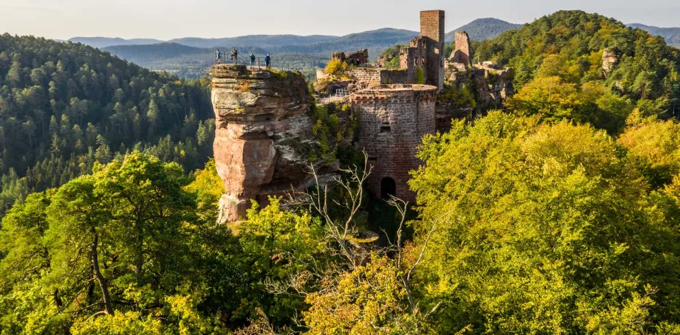 Wanderer auf Burg Alt-Dahn mit Weitsicht über Pfälzerwald