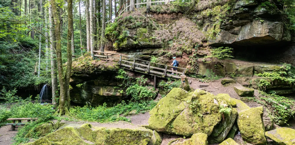Wanderer im Kessel auf dem Wasserschaupfad Herschberg 