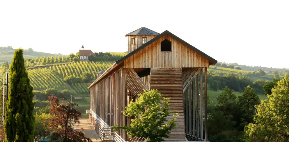 Gradierwerk in Bad Dürkheim vor den Weinbergen Bad Dürkheims.