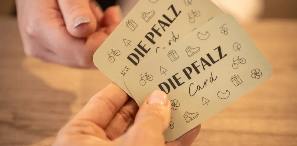 Eine Person reicht einer anderen Person zwei Karten auf denen "Die Pfalzcard" steht.