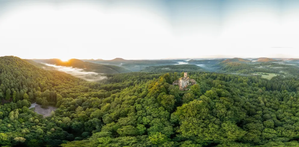 360 Grad Luftaufnahme der Burgruine Gräfenstein in der Urlaubsregion Pfälzerwald