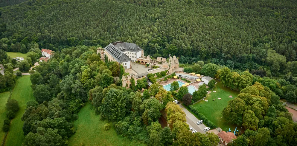 Die Jugendherberge Altleiningen, eine Burg inklusive Schwimmbad, liegt auf einem bewaldeten Hügel. 