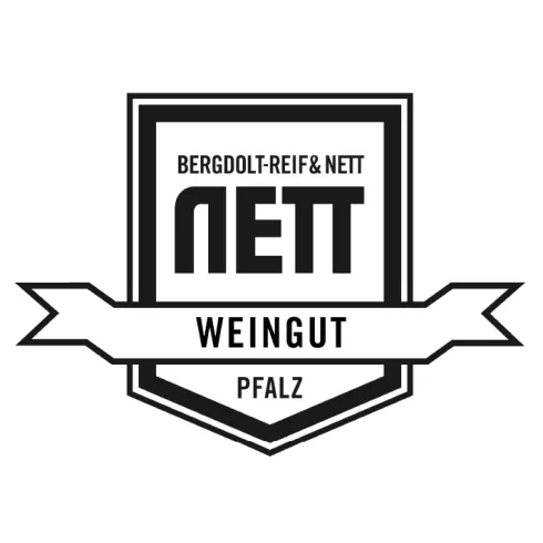 schwarzer Pfeil nach untern auf weißem Grund integriert mit Schriftzug Weingut Bergdolt-Reif Nett, Duttweiler, Pfalz 