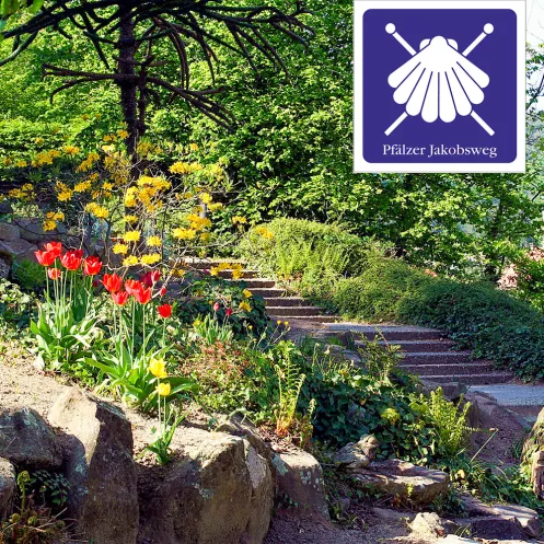 Jakobsweg Nordroute an Treppenaufstieg neben Gartenbeet (© Pfalz.Touristik e.V. Foto: Dieter F. Hartwig) Jakobsweg Nordroute an Treppenaufstieg neben Gartenbeet