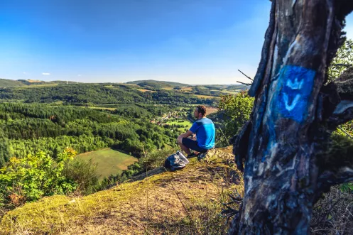 Wanderer genießt am Mittagsfels mit Blick übers Glantal