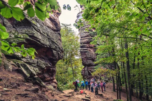 Einer der vielen Zwischenstopps zwischen bizarren Felsformationen im Pfälzerwald bei Hauenstein