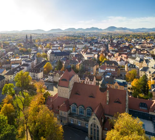 Blick über Landaus Dächer bis an die Haardt