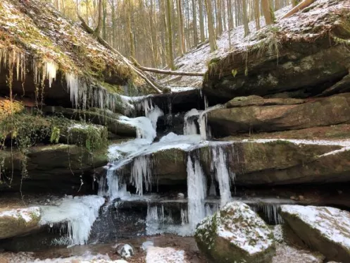 Zugefrorener Wasserfall auf der Hexenklamm bei Pirmasens