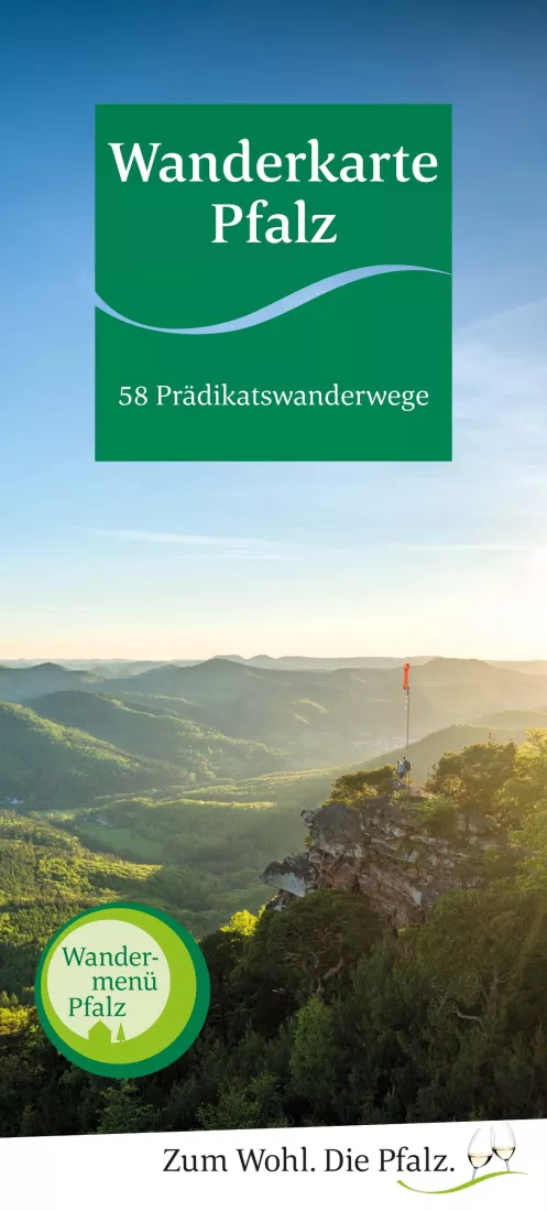 Wanderer auf Felsvorsprung mit Panormablick auf den Pfälzerwald