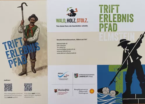 Flyer Trifterlebnispfad Außenseite mit zwei Flößern und QR-Codes für Audiotour