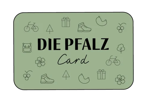 Grüne Gästekarte mit Pfalzcard Logo und Icons wie Fahrrad, Wanderschuhe ,usw. auf grünem Hintergund