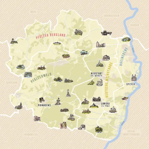 Illustrierte Karte der Pfalz und seiner Urlaubsregionen