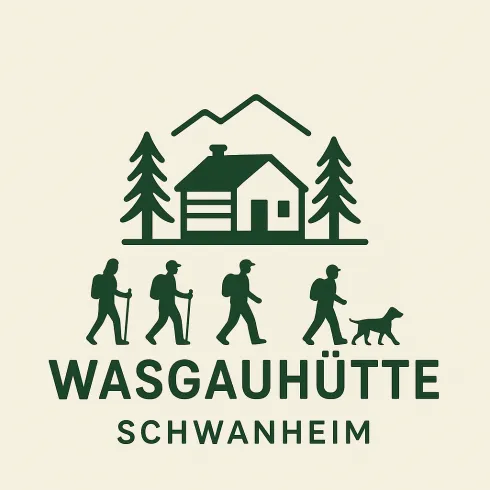 Ein Logo der Wasgauhütte in Schwanheim. Es zeigt eine Hütte, Wanderer und einen Hund vor einer bergigen Landschaft.