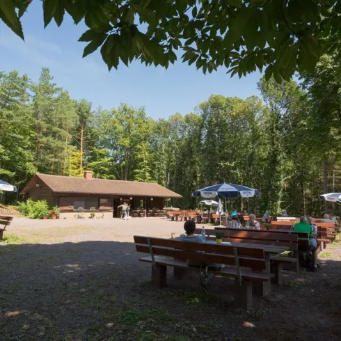 Ein gemütlicher Außenbereich mit Holzbänken und Tischen im Wald. Im Hintergrund befindet sich ein Gebäude und einige Gäste genießen die Natur.