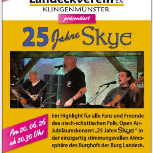 Ein Konzertplakat für das Jubiläum "25 Jahre Skye". Die Veranstaltung findet am 20. Juni 2026 um 20:30 Uhr statt und präsentiert irisch-schottische Folkmusik.