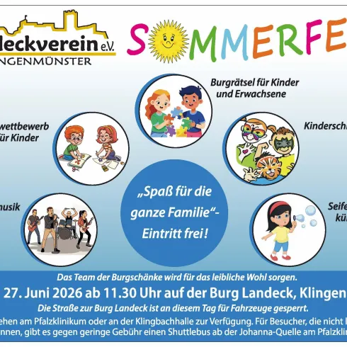Ein Plakat für ein Sommerfest des Landeckvereins in Klingenmünster. Es zeigt verschiedene Aktivitäten wie Kinderschminken und einen Malwettbewerb sowie Informationen zum Datum und Ort der Veranstaltung.