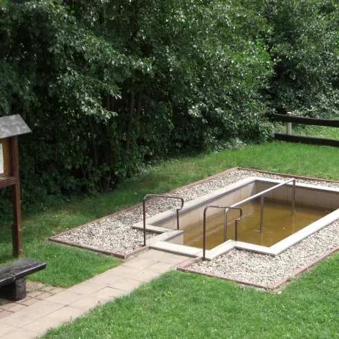 Ein zugänglicher Schwimmbeckenbereich mit Stegen und einer Umrandung aus Kies. Umgeben von grünem Gras und Bäumen.