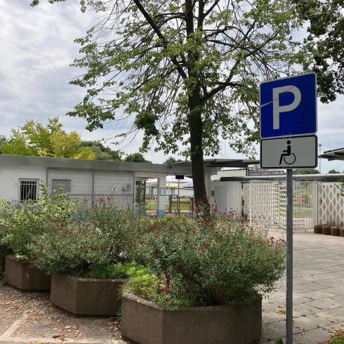 Ein Bereich mit einem behindertengerechten Parkplatz-Symbol. Im Hintergrund ist ein modernes Gebäude mit Bäumen und grünen Sträuchern zu sehen.
