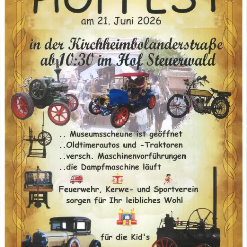 Ein Plakat für das Hoffest in der Gemeinde Orbis am 21. Juni 2026. Es zeigt alte Fahrzeuge und listet Veranstaltungen wie eine Museumsschau, Dampfmaschinen und Aktivitäten für Kinder auf.