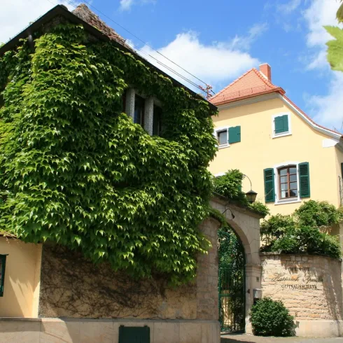 Ein charmantes Gebäude mit üppigem grünem Efeu. Im Hintergrund ist ein helles Haus mit Fensterläden zu sehen.