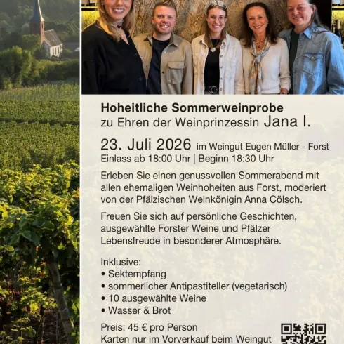 Ein Flyer für eine Sommerweinprobe im Weingut Eugen Müller, das zur Ehrung der Weinprinzessin Jana I. veranstaltet wird. Die Veranstaltung bietet Weinverkostungen und persönliche Geschichten in malerischer Atmosphäre.