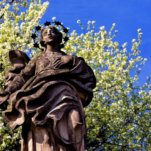 Eine Statue, die eine Frau darstellt, umgeben von blühenden Bäumen und einem blauen Himmel. Die Statue hat eine Krone aus Sternen und hält ein Kind in ihren Armen.