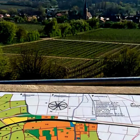 Eine Aussicht auf Weinberge und das umliegende Tal. Im Vordergrund liegt eine Informationskarte mit verschiedenen Farbbereichen.