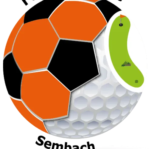 Ein Logo mit einem Fußball, das orange und schwarz gefärbt ist. Es zeigt auch ein Grün mit einem Golfloch und ist mit dem Text "Fubbes Plätzje Sembach" versehen.