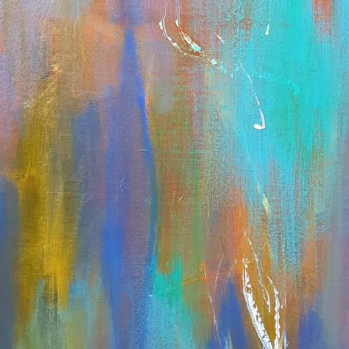 Ein abstractes Gemälde mit kräftigen Farben in Blau, Orange und Gelb. Die Farben verlaufen ineinander und erzeugen eine dynamische Textur.