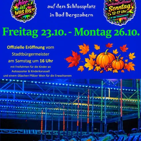 Ein Werbeplakat für den Herbstmarkt in Bad Bergzabern. Es zeigt die Daten der Veranstaltung und Informationen zur offiziellen Eröffnung.