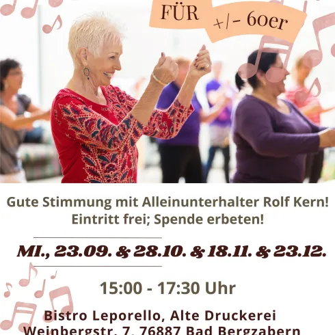 Ein Plakat für ein Tanzcafé für Personen über 60 Jahre. Es zeigt fröhliche Menschen beim Tanzen und enthält Informationen zu Terminen und Ort.