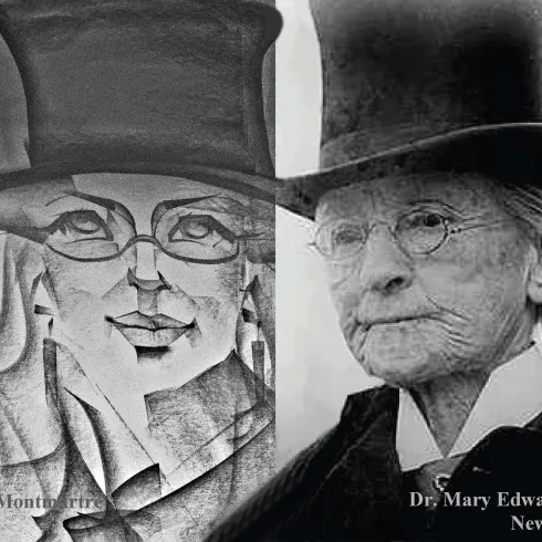 Ein Kunstwerk, das ein Porträt einer älteren Frau mit einem Zylinder zeigt, neben einer stilisierten zeichnerischen Darstellung. Das Bild kombiniert historische und moderne Elemente.