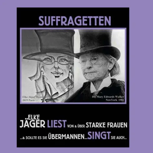 Das Bild zeigt eine grafische Darstellung von zwei starken Frauen in Hüten. Darunter steht der Text über das Lesen und Singen starker Frauen.