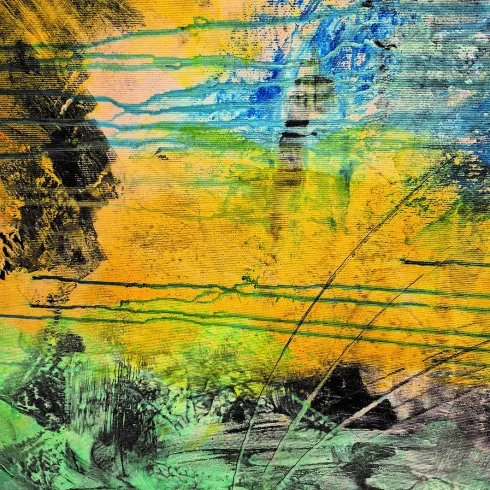 Ein abstraktes Kunstwerk mit lebendigen Farben in Gelb, Blau und Grün. Die dynamischen Pinselstriche schaffen eine harmonische Komposition.