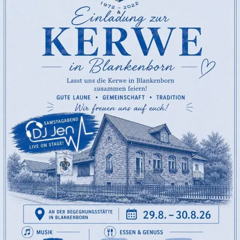 Einladungsflyer zur Kerwe in Blankenborn. Das Fest verspricht Musik, Essen und Gemeinschaft vom 29. August bis 30. August 2026.