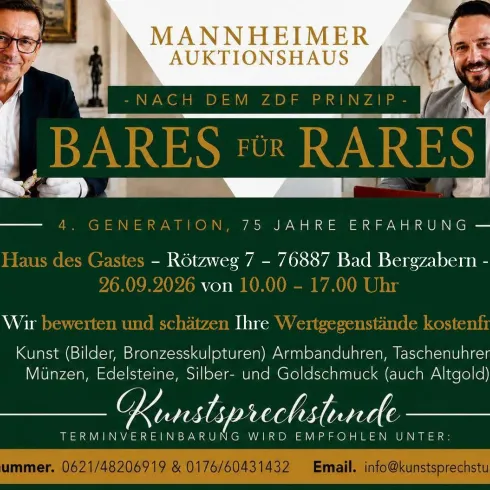 Ein Werbeflyer für das Mannheimer Auktionshaus mit Informationen zu einer Veranstaltung namens "Bares für Rares". Die Veranstaltung bietet eine kostenlose Bewertung von Kunstwerken und Wertgegenständen an.