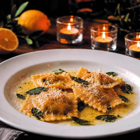 Ein Teller mit frischen Ravioli in einer Buttersauce, garniert mit frischem Basilikum und Parmesan. Im Hintergrund sind Zitronen und Kerzen zu sehen, die eine gemütliche Atmosphäre schaffen.