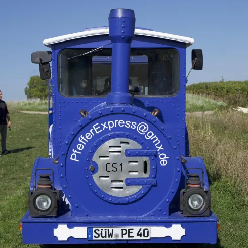 Eine blaue Lokomotive steht auf einer Wiese. Der Himmel ist klar und blau.