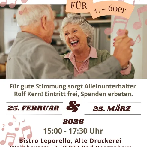 Eine Einladung zu einem Tanzcafé für Gäste im Alter von 60 Jahren und älter. Die Veranstaltung findet im Bistro Leporello statt und verspricht gute Stimmung mit Alleinunterhalter Rolf Kern.