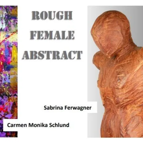 Ein abstraktes Gemälde mit lebendigen Farben auf der linken Seite. Rechts ist eine Skulptur einer weiblichen Figur aus Holz zu sehen.